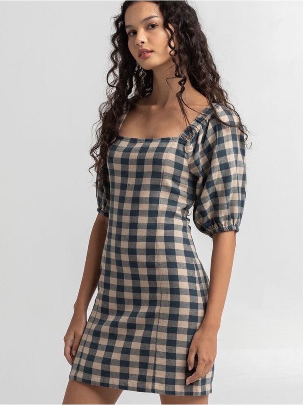 O’Neill Abbie Gingham Cotton Puff Sleeve Mini Dress
